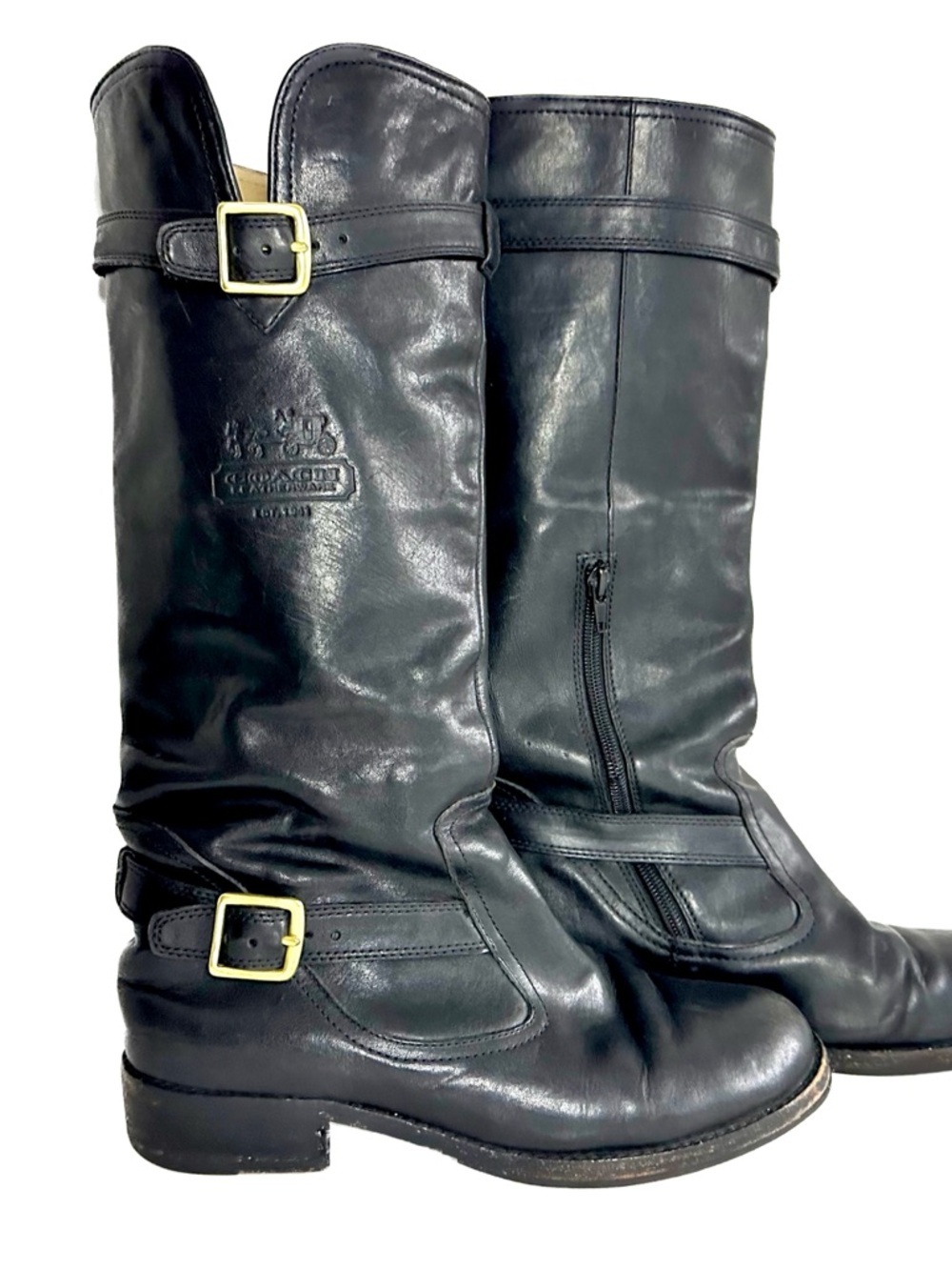 Coach Whitney Knee High Black Leather Equestrian Riding Boots Gold Buckle 7.5